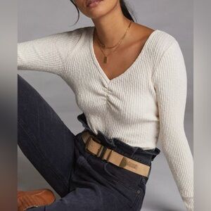 NWOT Anthropologie  T.La Cinched V-Neck Top Small Ivory Cream White